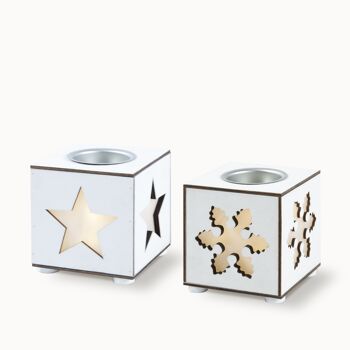 RUBIK SET - Set de 2 bougeoirs en bois bleu carré avec motif étoile et flocon 2