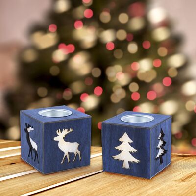 RUBIK SET - Set de 2 bougeoirs en bois bleu carré avec motif renne ou sapin