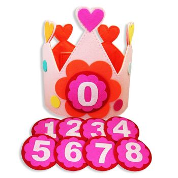 Couronne d'anniversaire en feutre avec chiffres | chapeau d'anniversaire | princesse héritière | bébé | 0 à 10 ans | décoration coeurs | cadeau de maternité 2