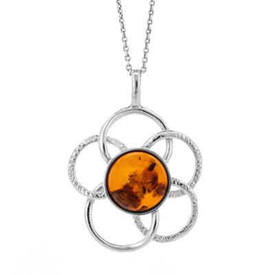 Cognac Amber Large Flower Pendant with 18" Trace Chain and Presentation Box