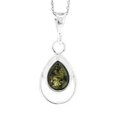 Green Amber Double Tear Pendant with 18" Trace Chain and Presentation Box