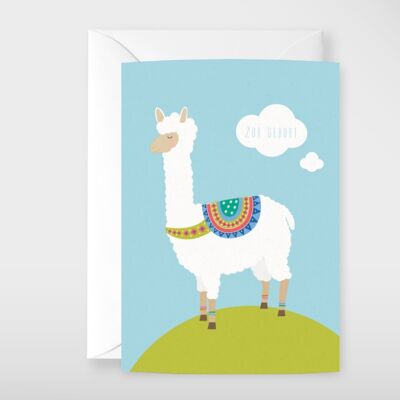 Greeting card alpaca "at the birth"