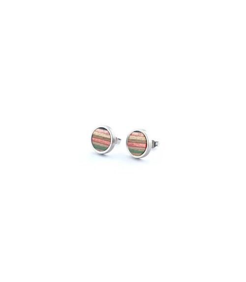 Recycled Skateboards Green and Pink Round Wood Stud Earrings
