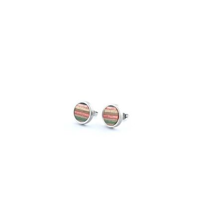 Recycled Skateboards Green and Pink Round Wood Stud Earrings
