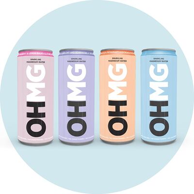 OHMG SPARKLING MAGNESIUM WATER | Variety Pack | 12 x 330ML CANS OF MAGNESIUM WATER (3 x CANS OF EACH OF 4 FLAVOURS)