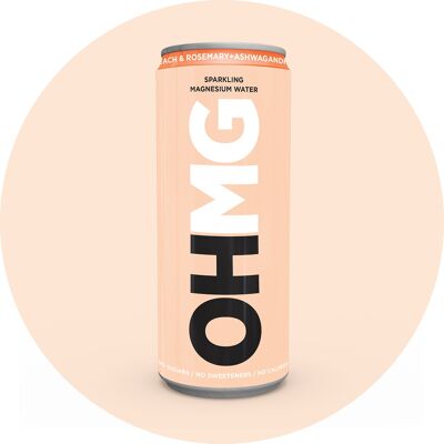 OHMG SPARKLING MAGNESIUM WATER | PEACH & ROSEMARY + ASHWAGANDHA | 12 x 330ML CANS OF SPARKLING  WATER