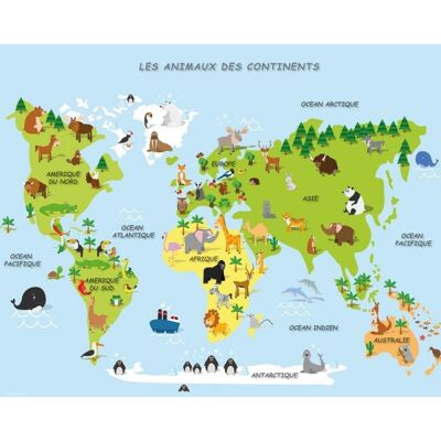 Poster plastifié éducatif: Carte continent animaux 40cm x 50cm