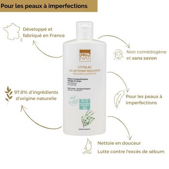 Gel Nettoyant régulateur Anti-imperfections - CYTOLAC®  250 ml - Lutte contre l'excès de sébum et nettoie la peau en douceur. 3