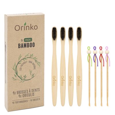 Confezione da 4 spazzolini da denti in bambù + 4 plettri per le orecchie