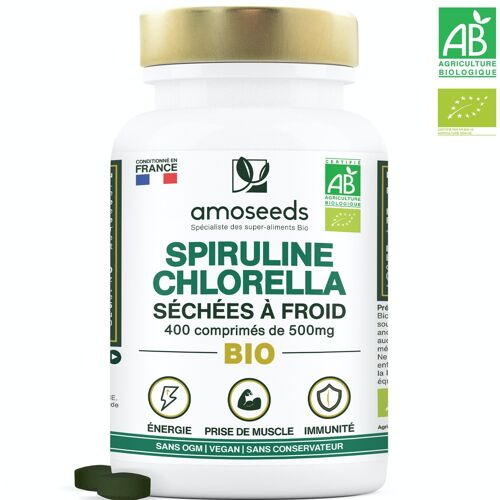 Mix Spiruline et Chlorella Bio, 17% phycocyanine | 400 comprimés de 500mg