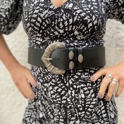 Ethnic Spirit - High Waist Belt, Wide Belt, Black Leather Belt, Large Buckle Belt, Gift for Her, Made from Real Genuine Leather.