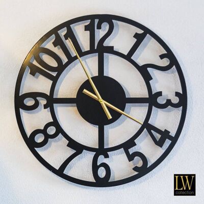 Wandklok Jannah zwart met gouden wijzers 60cm - Wandklok modern - Industriële wandklok stil uurwerk