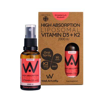 Vitamine D3 liposomale (2000 UI) + K2 (100 mcg) Spray - Saveur fraise et rhubarbe - 180 pulvérisations
