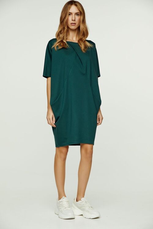 Dark Green Batwing Style Dress with Pockets