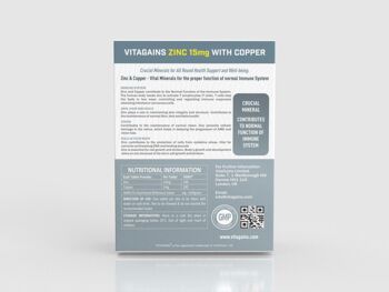 VitaGains Zinc 15mg avec Cuivre 2