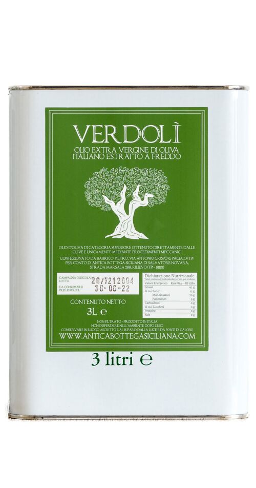 Olio Extra Vergine d'oliva siciliano verdolì - 3 L