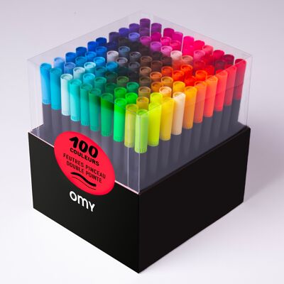 Box mit 100 filzstiften in strahlend leuchtenden farben