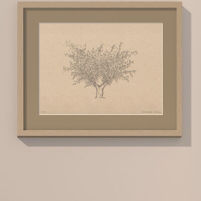 Drucken Olivenbaum mit Passepartout und Rahmen | 40cm x 50cm | Linoleum