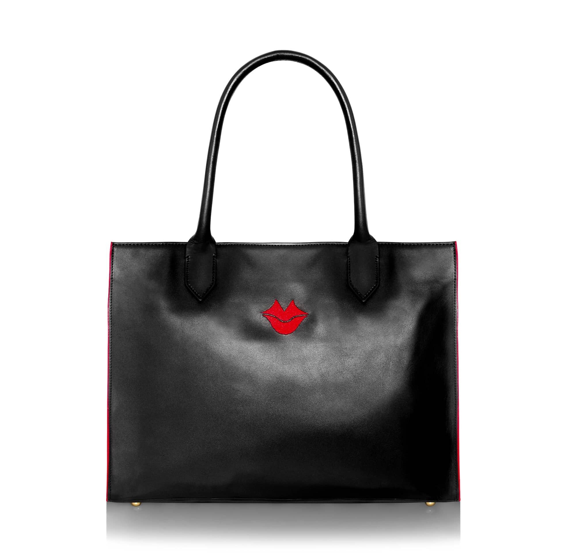 Einkaufstasche aus schwarzem und rotem Leder