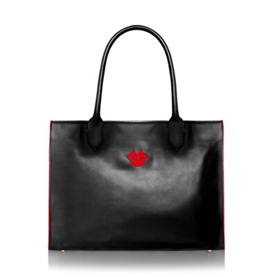 Einkaufstasche aus schwarzem und rotem Leder