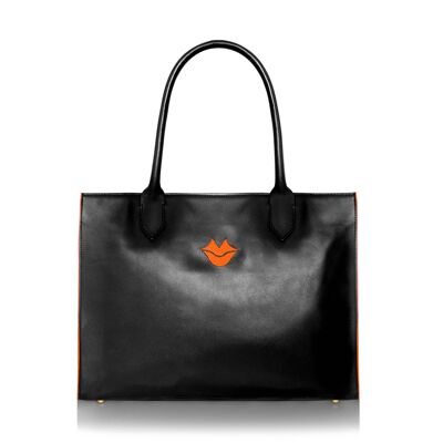 Sac cabas cuir noir et orange