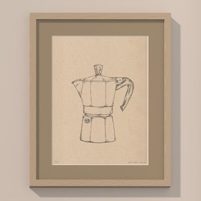 Drucken Moka Kaffeekanne mit Passepartout und Rahmen | 40cm x 50cm | Linoleum
