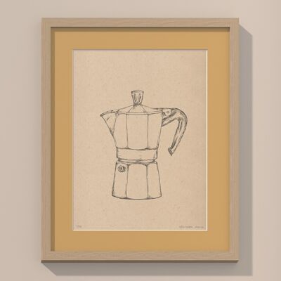 Stampa Moka Caffettiera con passe-partout e cornice | 40 cm x 50 cm | noce