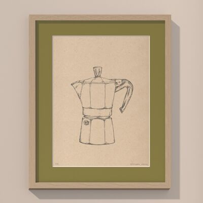 Stampa Moka Caffettiera con passe-partout e cornice | 40 cm x 50 cm | Olivo