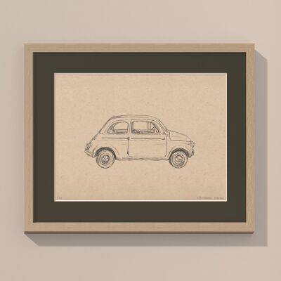 Print Fiat 500 with passe-partout and frame | 40cm x 50cm | Cavolo Nero