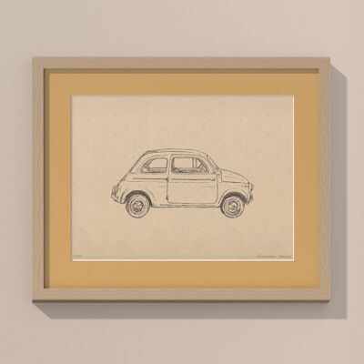 Imprimir Fiat 500 con paspartú y marco | 40cm x 50cm | noce