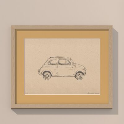 Stampa Fiat 500 con passe-partout e telaio | 40 cm x 50 cm | noce