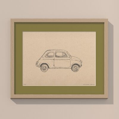 Imprimir Fiat 500 con paspartú y marco | 40cm x 50cm | Olivo