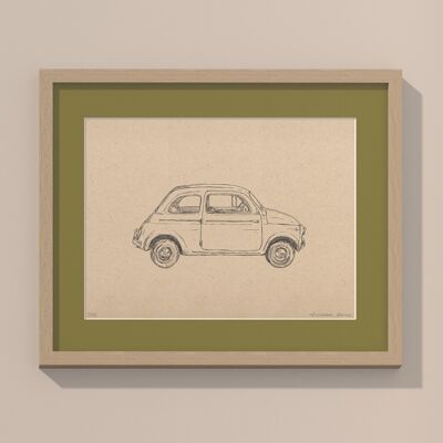 Stampa Fiat 500 con passe-partout e telaio | 40 cm x 50 cm | Olivo
