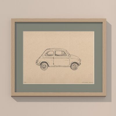 Print Fiat 500 with passe-partout and frame | 40cm x 50cm | salvia