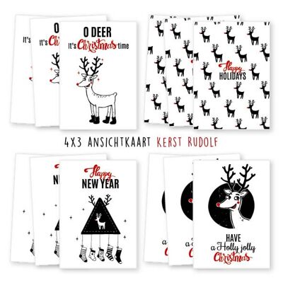Kimago.nl – Wenskaarten set Kerst Rudolf 12 stuks (ansichtkaarten)