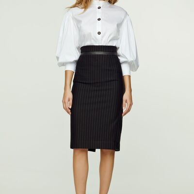 Striped Black Pencil Skirt with Leather Detail