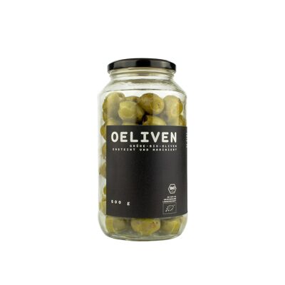 Olive verdi biologiche 500 g - marinate con aglio e origano