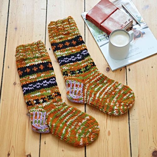 Handknitted Woollen Fuji Socks - Orange and Khaki - SMALL