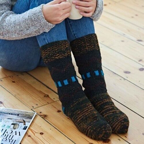 Handknitted Woollen Fuji Socks - Blue and Black - LARGE