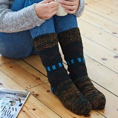 Handgestrickte Fuji Wollsocken - Blau und Schwarz - LARGE