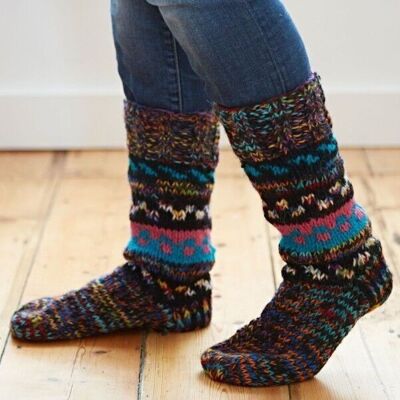 Handknitted Woollen Fuji Socks - Black, Pink and Turquoise - SMALL