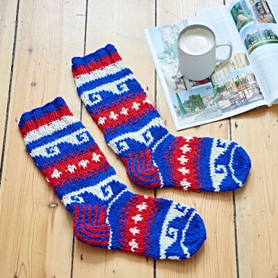 Handknitted Woollen Annapurna Socks - Red, White and Blue - SMALL