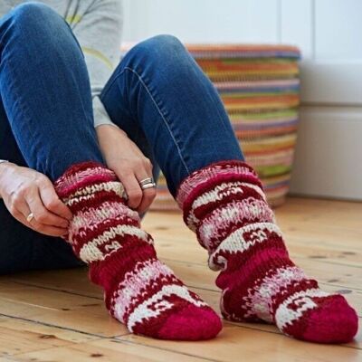 Handknitted Woollen Annapurna Socks - Red and Pink - LARGE