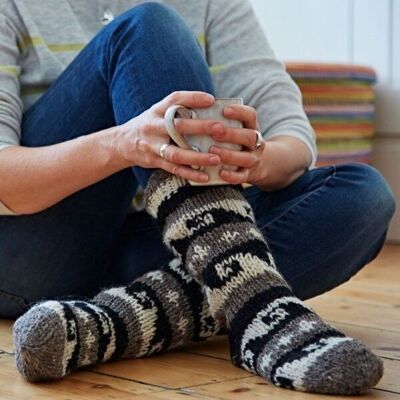 Handknitted Woollen Annapurna Socks - Black and White - SMALL