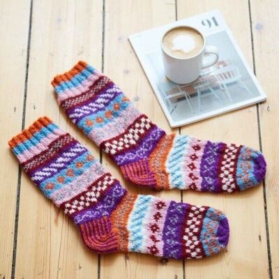 Handgestrickte Fairisle-Wollsocken - Orange, Blau und Pink - SMALL