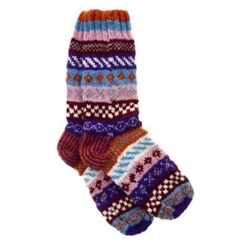 Chaussettes Fairisle en laine tricotées à la main - Orange, bleu et rose - LARGE 6