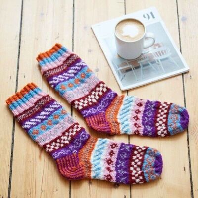Handknitted Woollen Fairisle Socks - Orange, Blue and Pink - LARGE