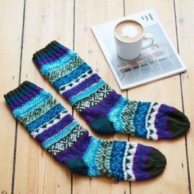 Handknitted Woollen Fairisle Socks - Green, Blue and Purple - SMALL