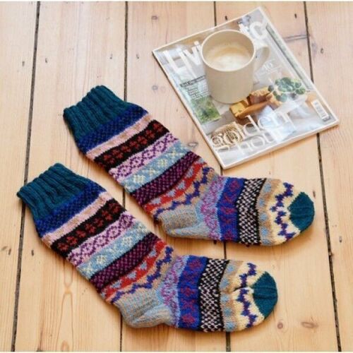 Handknitted Woollen Fairisle Socks - Blue, Red and Yellow - LARGE