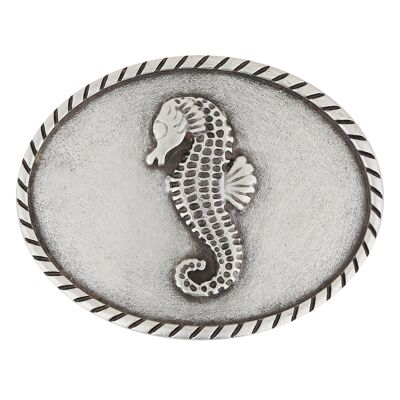 Belt buckle sea horse oval silver